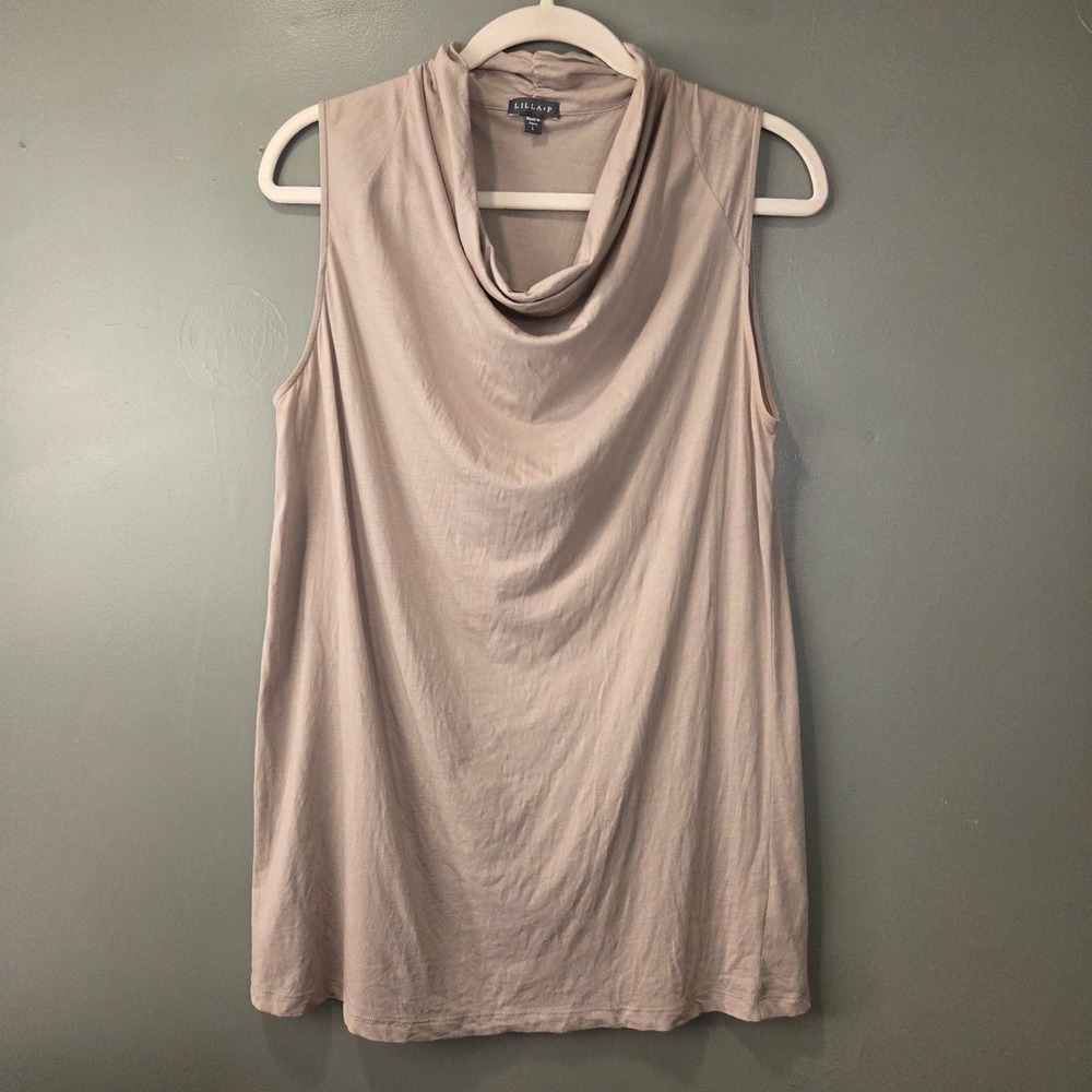 Lilla P Women's 100% Pima Cotton Cowl Neck Sleeveless Blouse Light Taupe Size L